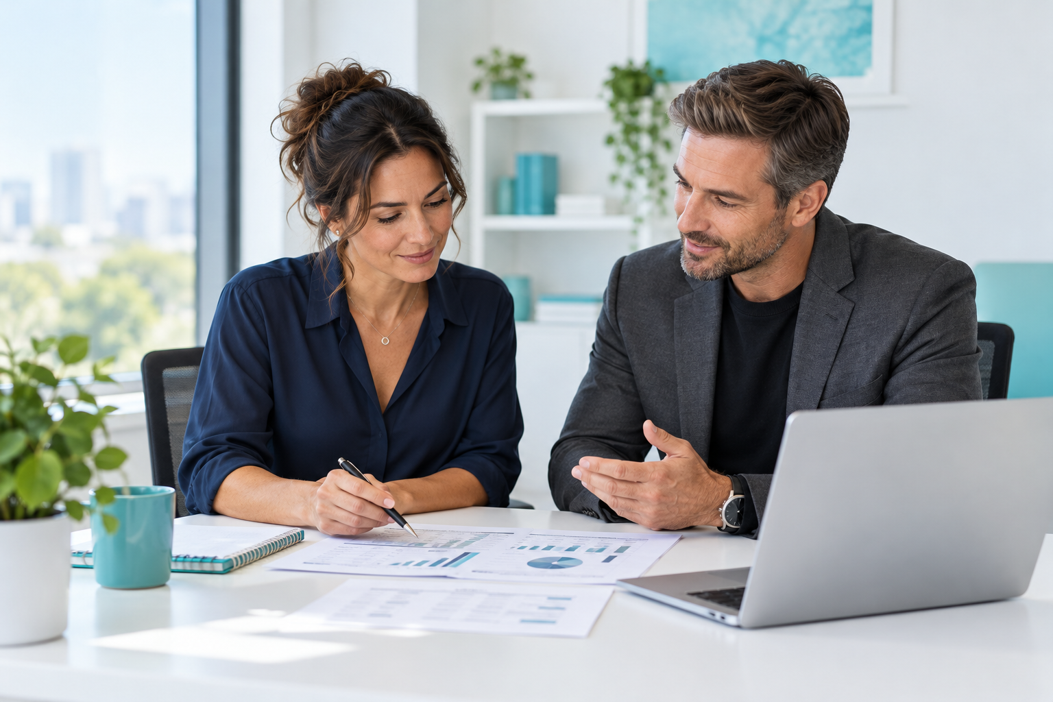 Illustrative clinic founder and mentor reviewing a business plan